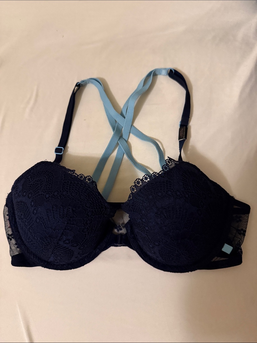 Victoria's Secret Navy Lace Push-Up Bra with Light Blue Straps